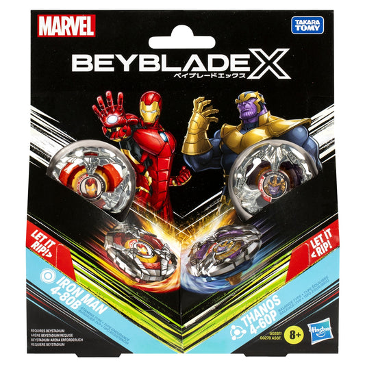 Beyblade x marvel set duo iron man 4-80b si thanos 4-60p, Hasbro