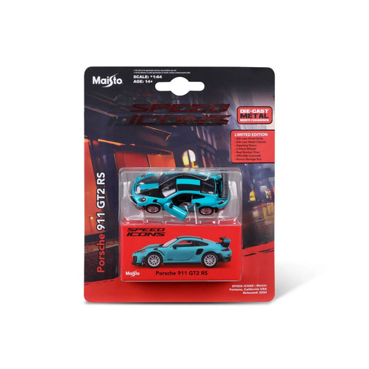 Maisto masinuta metalica SPEED ICONS PORSCHE 911 GT2 RS MIAMI blue scara 1 la 64