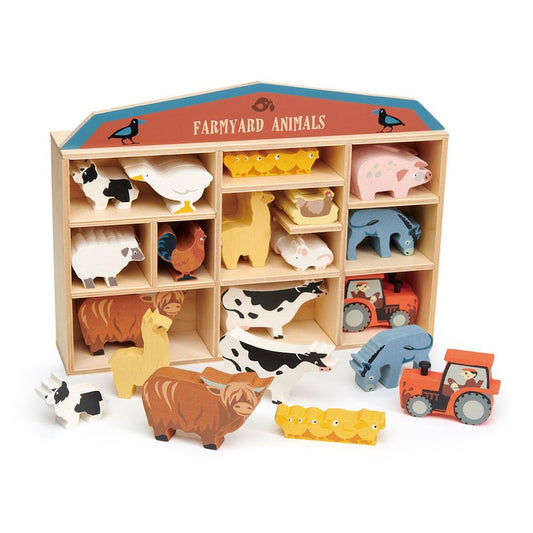 Animale domestice pe raft, din lemn premum - Farmyard set - 13 piese - Tender Leaf Toys - Publisol.ro