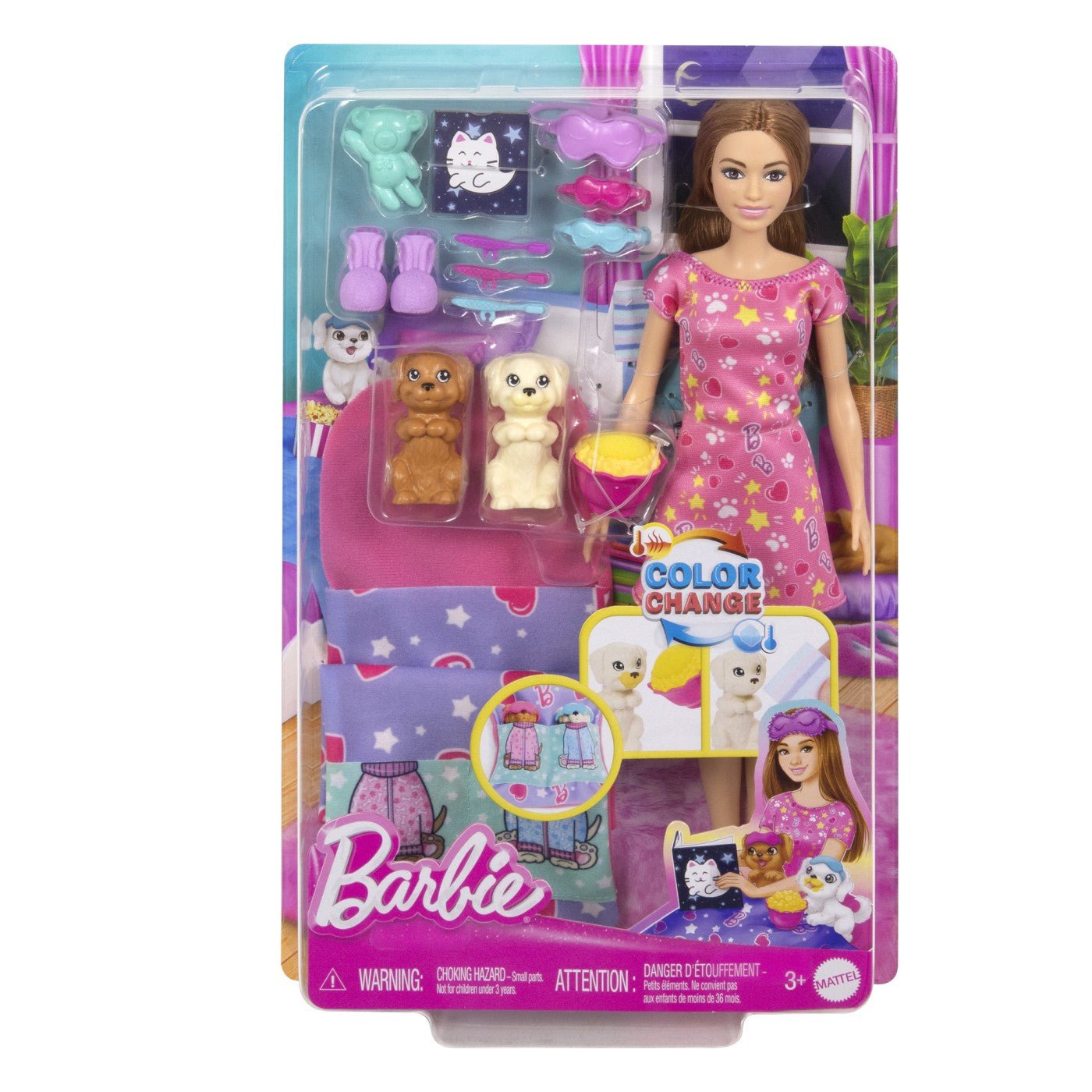 Barbie papusa Barbie family set petrecere cu 2 catelusi color change - Publisol.ro