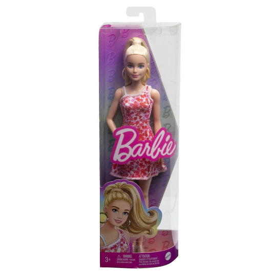 Barbie papusa barbie fashionista blonda cu parul prins in coada si rochie cu floricele, Mattel - Publisol.ro