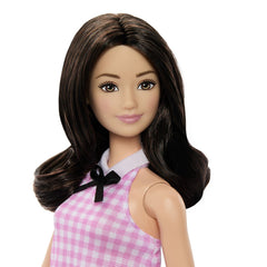 Barbie papusa Barbie fashionistas bruneta cu rochie roz in carouri - Publisol.ro