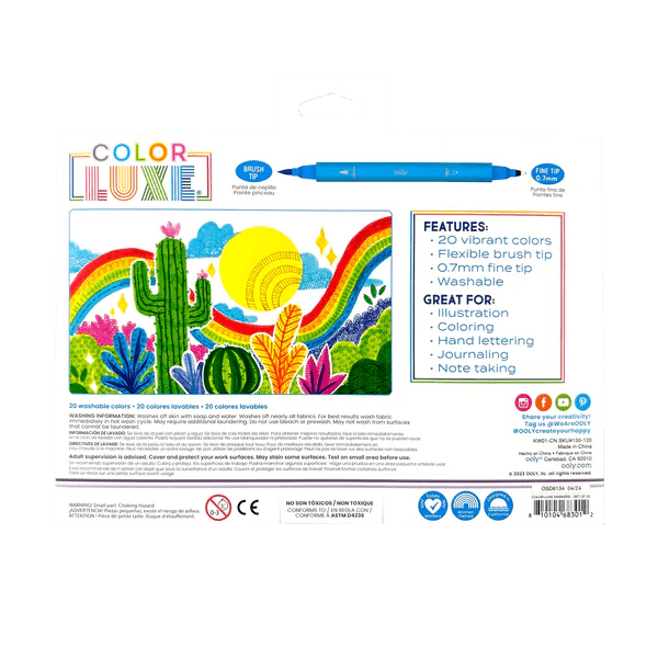 Carioci 2 in 1 cu pensula si varf fin, Color Luxe - set de 20 - Ooly - Publisol.ro