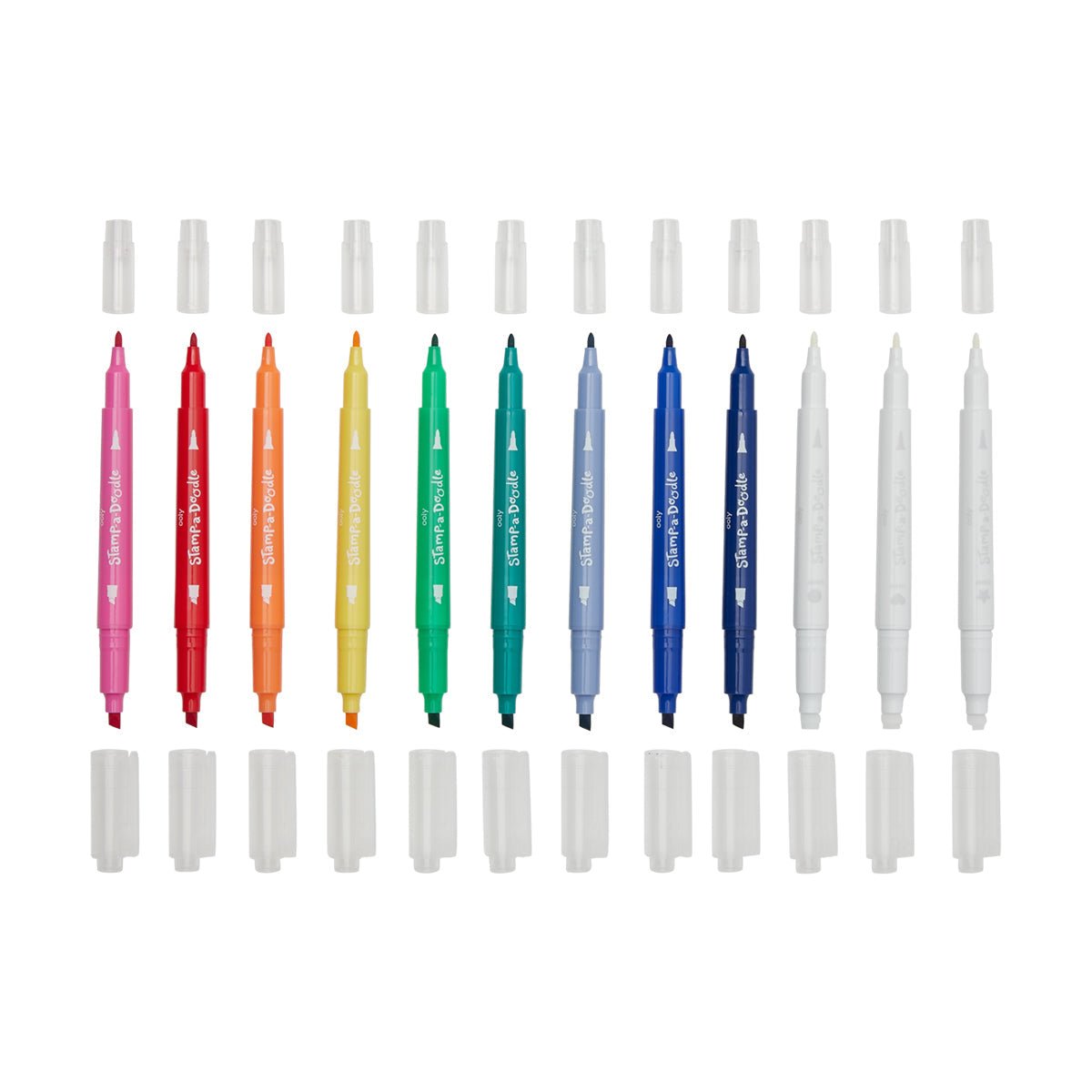 Carioci duble cu stampile Stamp - A - Doodle - set de 9 culori si 3 care schimba culoarea - Ooly - Publisol.ro