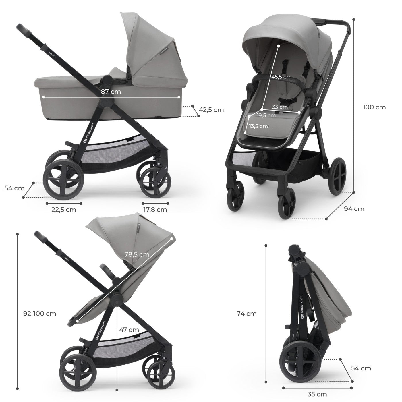 Carucior Kinderkraft newly, 4 in 1, moonlight grey - Publisol.ro