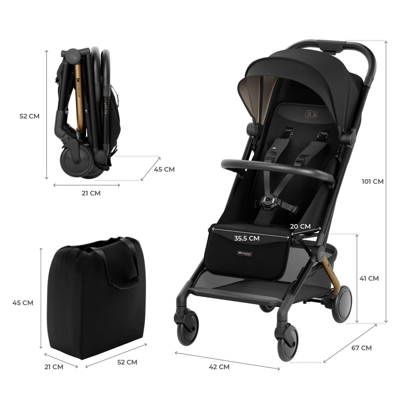 Carucior sport Kinderkraft pilot 2, 0 - 22 kg, midnight black - Publisol.ro