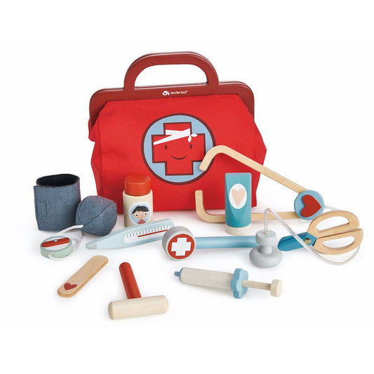 Geanta medic rosie - 16 instrumente medicale, din lemn premium - Tender Leaf Toys - Publisol.ro