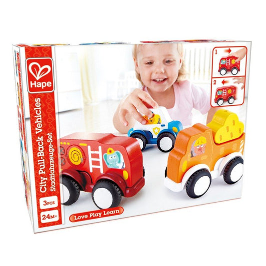 Hape set 3 masinute cu motor pull - back, Hape - Publisol.ro