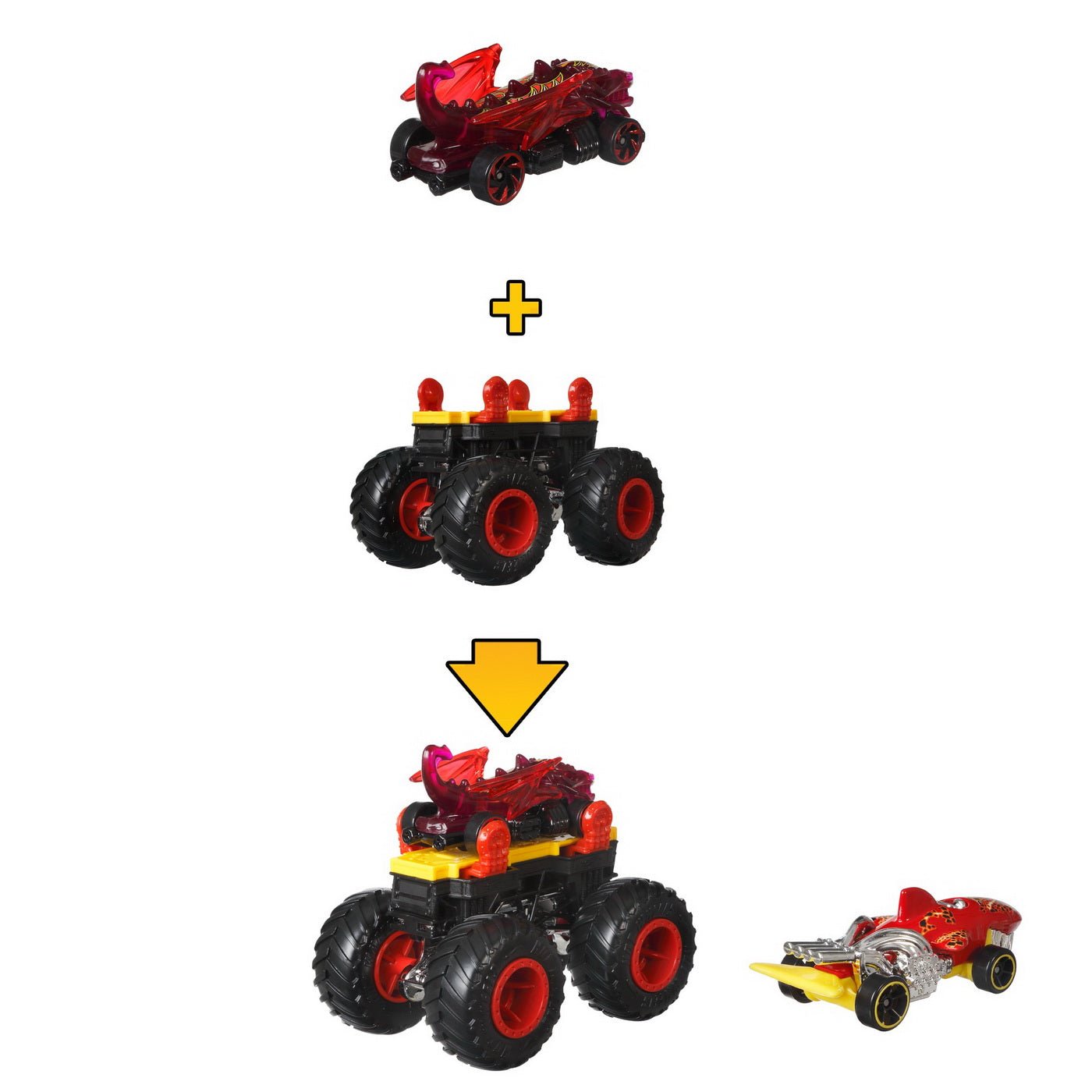 Hot Wheels monster truck cu masinute neagru si rosu - Publisol.ro