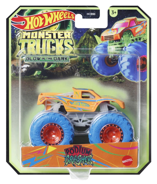 Hot wheels monster truck glow in the dark masinuta podium crasher scara 1:64, Mattel - Publisol.ro