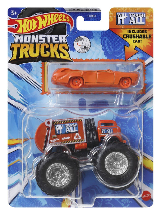 Hot wheels monster truck si masinuta metalica will trash it all, Mattel - Publisol.ro