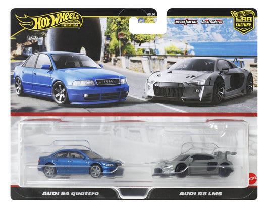 Hot wheels premium set 2 masinute metalice audi s4 quattro si audi r8 lms scara 1:64, Mattel - Publisol.ro