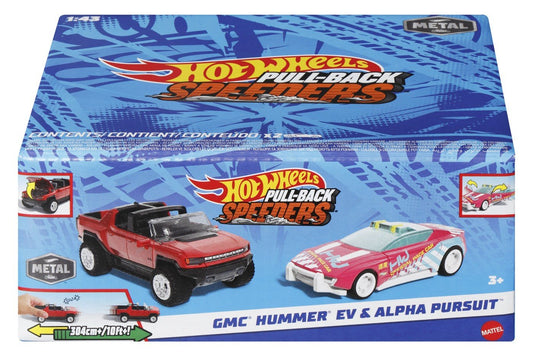 Hot wheels set 2 masinute metalice pull back gmc hummer ev si alpha pursuit 1:43, Mattel - Publisol.ro