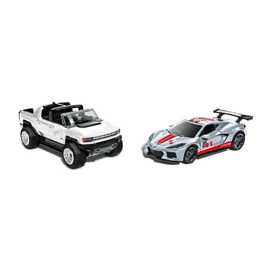 Hot wheels set 2 masinute metalice pull back gmc hummer ev si corvette c8r 1:43, Mattel - Publisol.ro