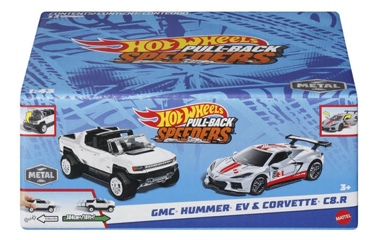 Hot wheels set 2 masinute metalice pull back gmc hummer ev si corvette c8r 1:43, Mattel - Publisol.ro