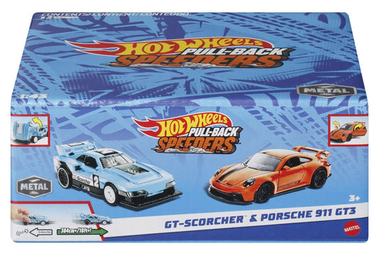 Hot wheels set 2 masinute metalice pull back gt - scorcher si porsche 911 gt3 1:43, Mattel - Publisol.ro