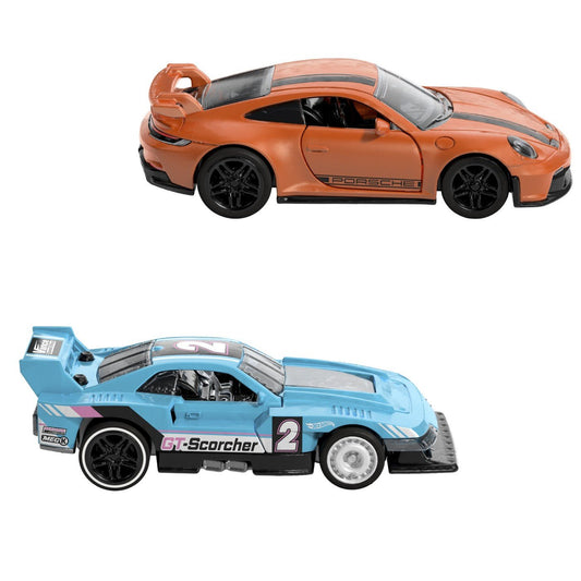 Hot wheels set 2 masinute metalice pull back gt - scorcher si porsche 911 gt3 1:43, Mattel - Publisol.ro