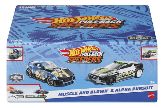 Hot wheels set 2 masinute metalice pull back muscle and blown si alpha pursuit 1:43, Mattel - Publisol.ro