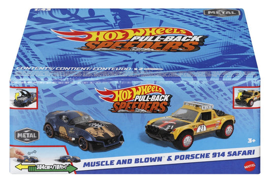 Hot wheels set 2 masinute metalice pull back muscle and blown si porsche 914 safari 1:43, Mattel - Publisol.ro