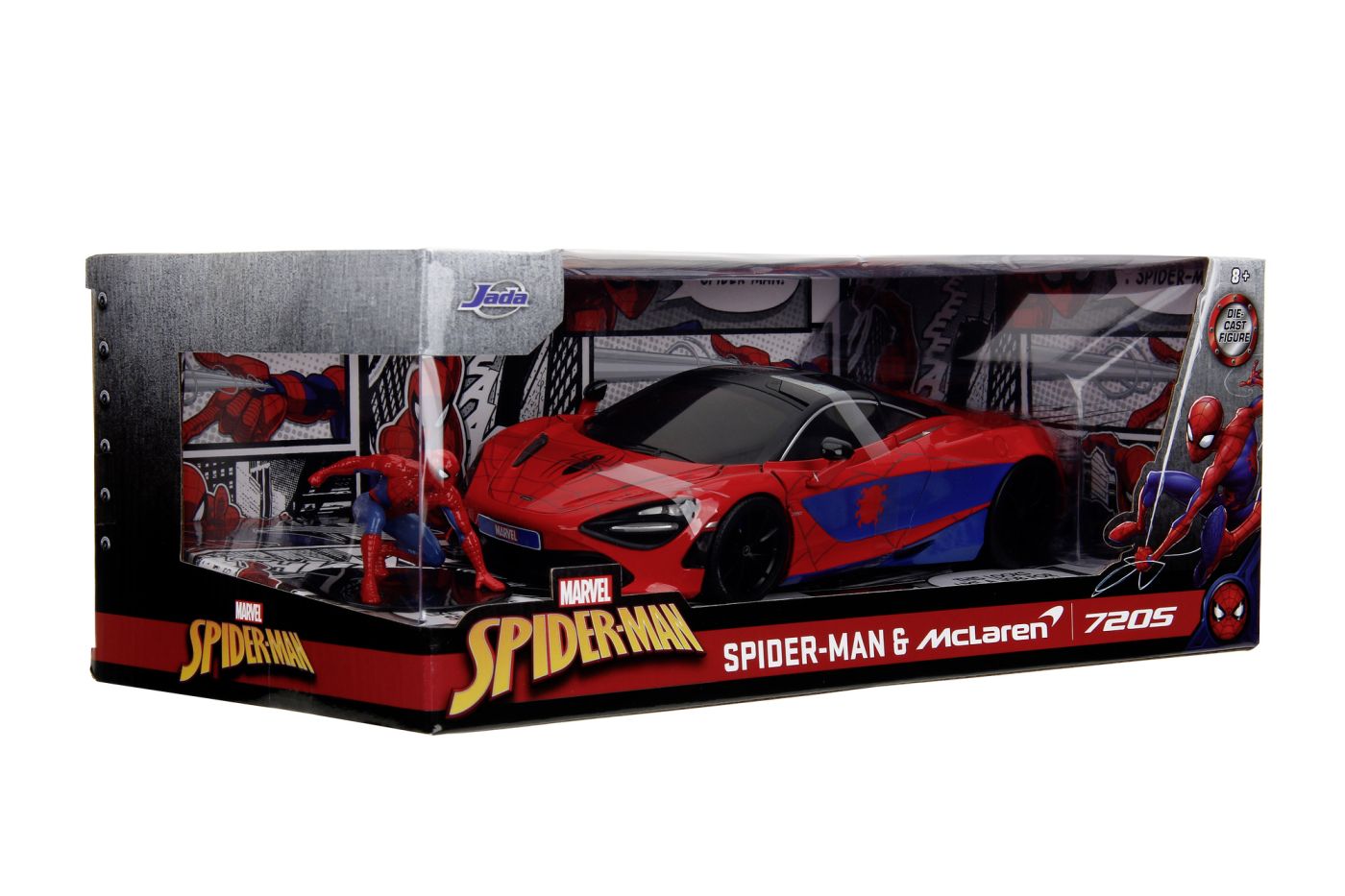 Jada Marvel set figurina Spider man si masinuta metalica Mclaren 720s scara 1 la 24 - Publisol.ro