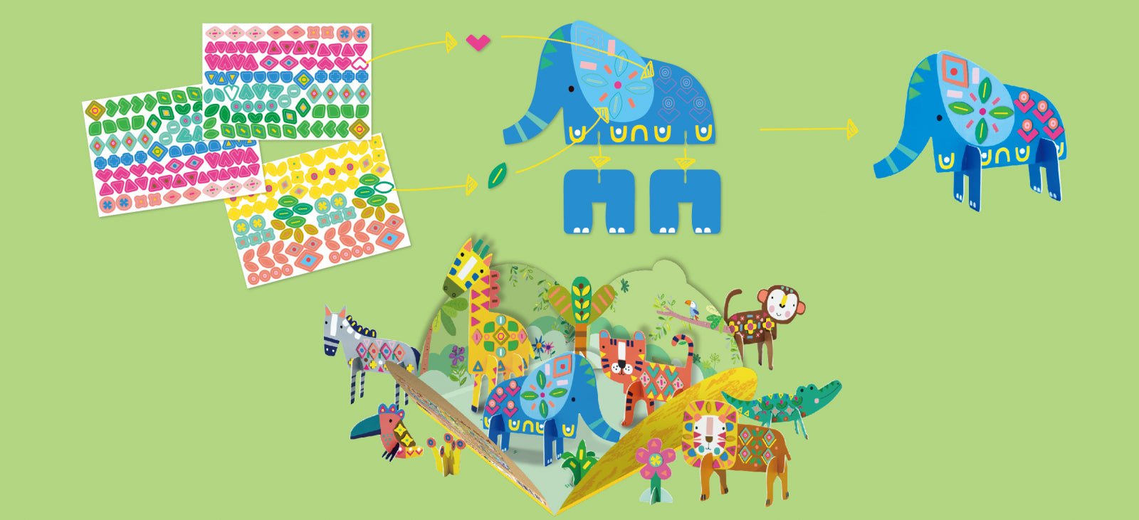 Joc creativ Stick N Play cu scene 3D si stickere repozitionabile - Animale Safari - Avenir - Publisol.ro