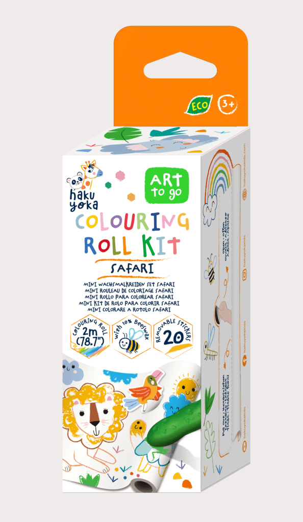 Kit rola de desenat - 2 m, include stickere si 4 creioane colorate cerate, Safari - Haku Yoka - Avenir - Publisol.ro