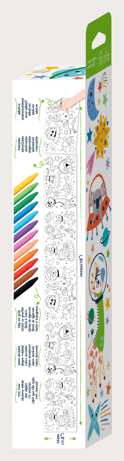 Kit rola de desenat autoadeziva - 3 m si 12 creioane colorate cerate, Spatiu - Haku Yoka - Avenir - Publisol.ro