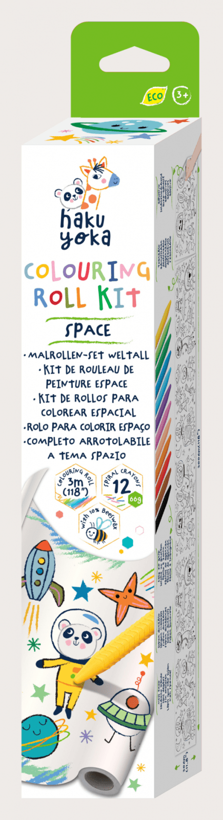 Kit rola de desenat autoadeziva - 3 m si 12 creioane colorate cerate, Spatiu - Haku Yoka - Avenir - Publisol.ro