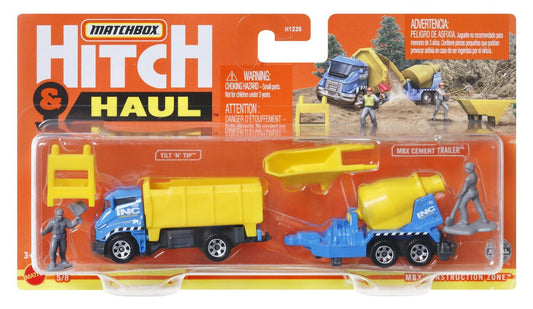 Matchbox hitch&haul set 2 vehicule mbx construction zone tilt n tip mbx cement trailer scara 1:64, Mattel - Publisol.ro