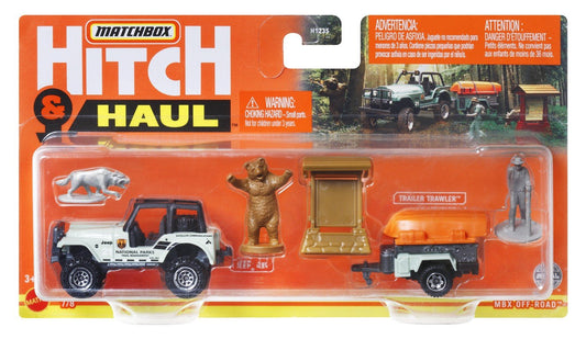 Matchbox hitch&haul set 2 vehicule mbx off road 1988 jeep 4x4 trailer trawler scara 1:64, Mattel - Publisol.ro
