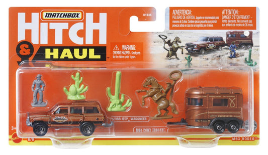 Matchbox hitch&haul set 2 vehicule mbx rodeo 1988 jeep wagoneer mbx pony trailer scara 1:64, Mattel - Publisol.ro