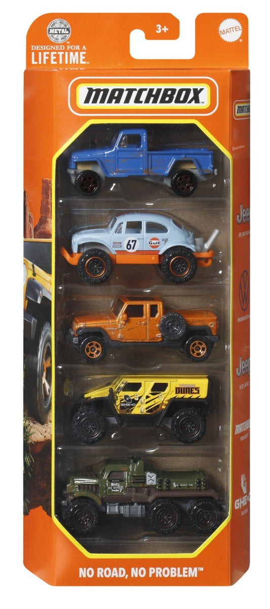 Matchbox set 5 masinute metalice mbx no road no problem scara 1:64, Mattel - Publisol.ro