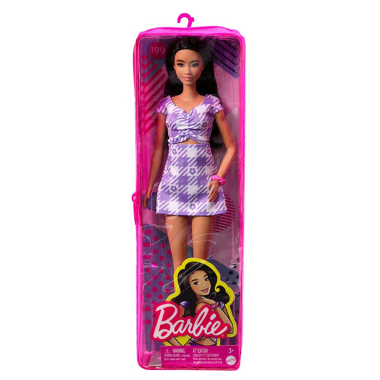 Papusa barbie fashionista bruneta cu rochie mov, Mattel - Publisol.ro