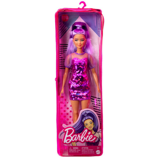 Papusa barbie fashionista cu par mov cu rochie cu umeri bufanti, Mattel - Publisol.ro