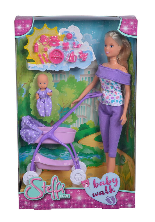 Papusa steffi in pantalonasi mov si cu carucior bebe, Simba - Publisol.ro
