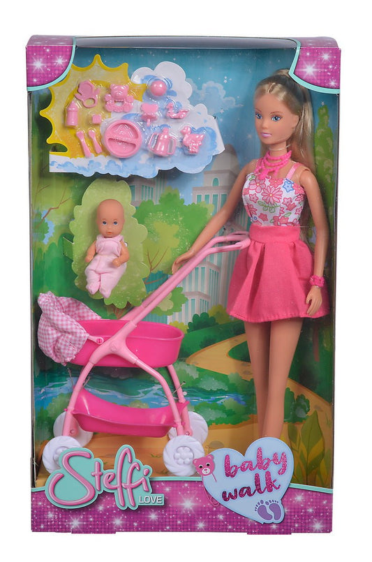 Papusa steffi in rochita roz si cu carucior bebe, Simba - Publisol.ro