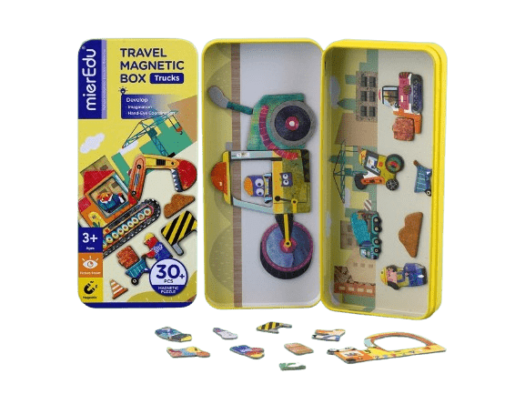 Puzzle magnetic in cutie metalica, joc de potrivire si asociere - Camioane - mierEdu - Publisol.ro