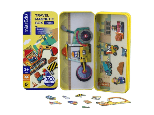 Puzzle magnetic in cutie metalica, joc de potrivire si asociere - Camioane - mierEdu - Publisol.ro