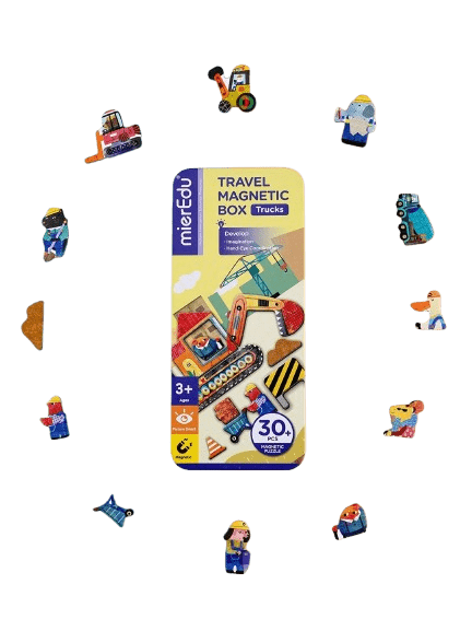 Puzzle magnetic in cutie metalica, joc de potrivire si asociere - Camioane - mierEdu - Publisol.ro