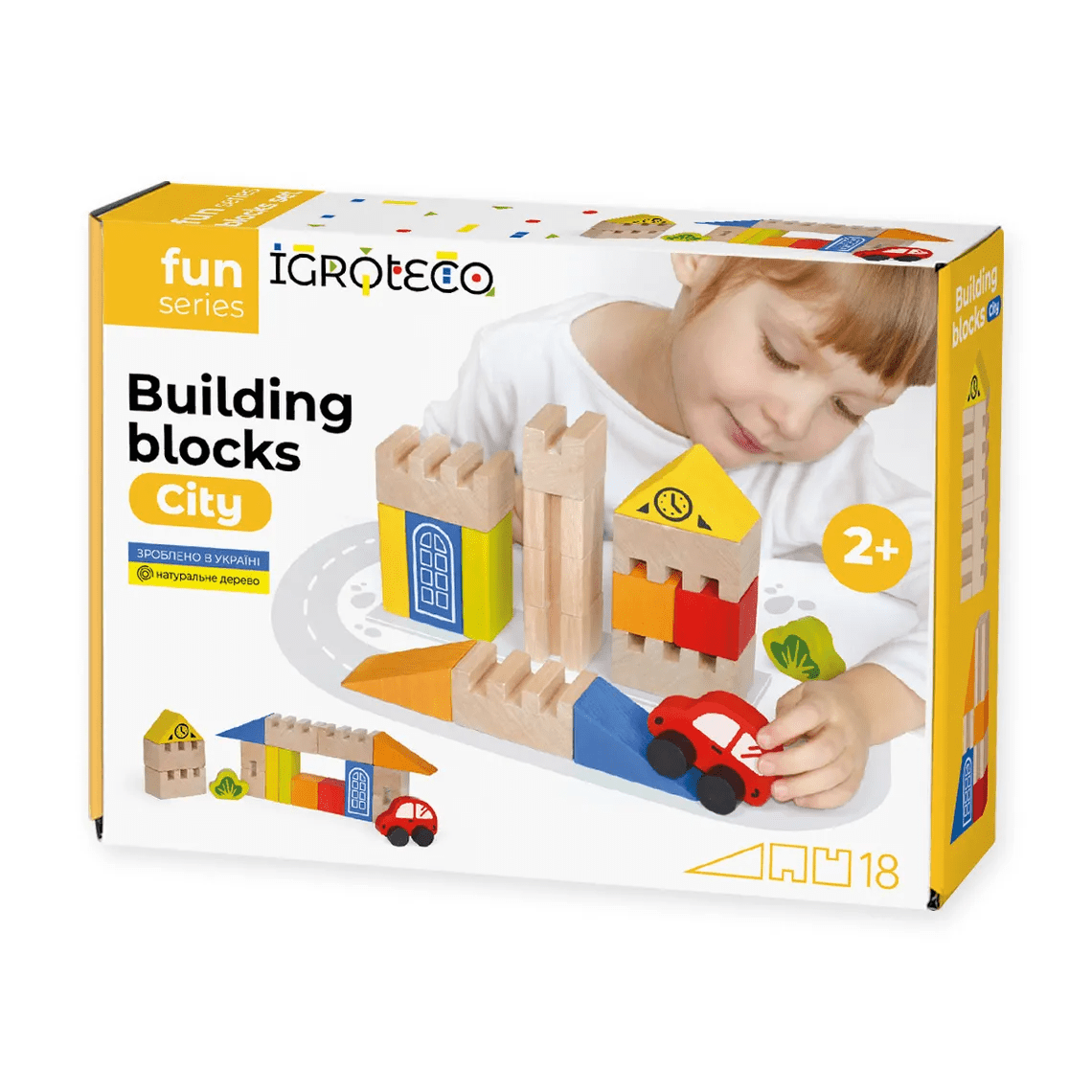 Set blocuri de constructie din lemn - Oras, 18 piese - Igroteco - Publisol.ro