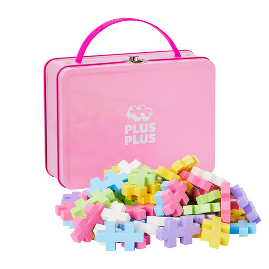 Set constructie Plus - Plus, 70 piese mari, portabil, in cutie metalica, culori pastelate - Plus Plus - Publisol.ro