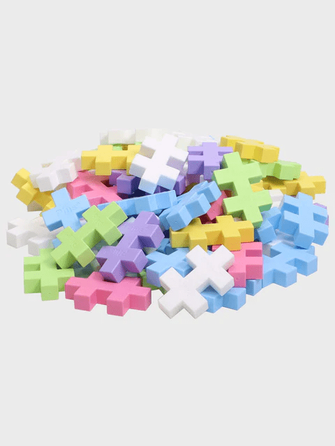 Set constructie Plus - Plus, 70 piese mari, portabil, in cutie metalica, culori pastelate - Plus Plus - Publisol.ro