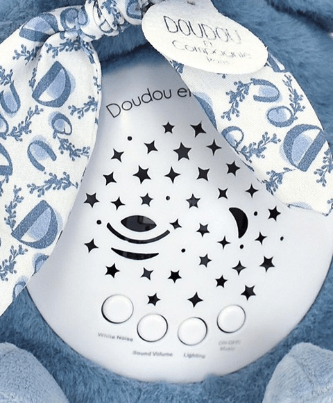 Veioza muzicala cu proiectie, iepuras pufos, 19 cm, albastru - Doudou et Compagnie - Publisol.ro