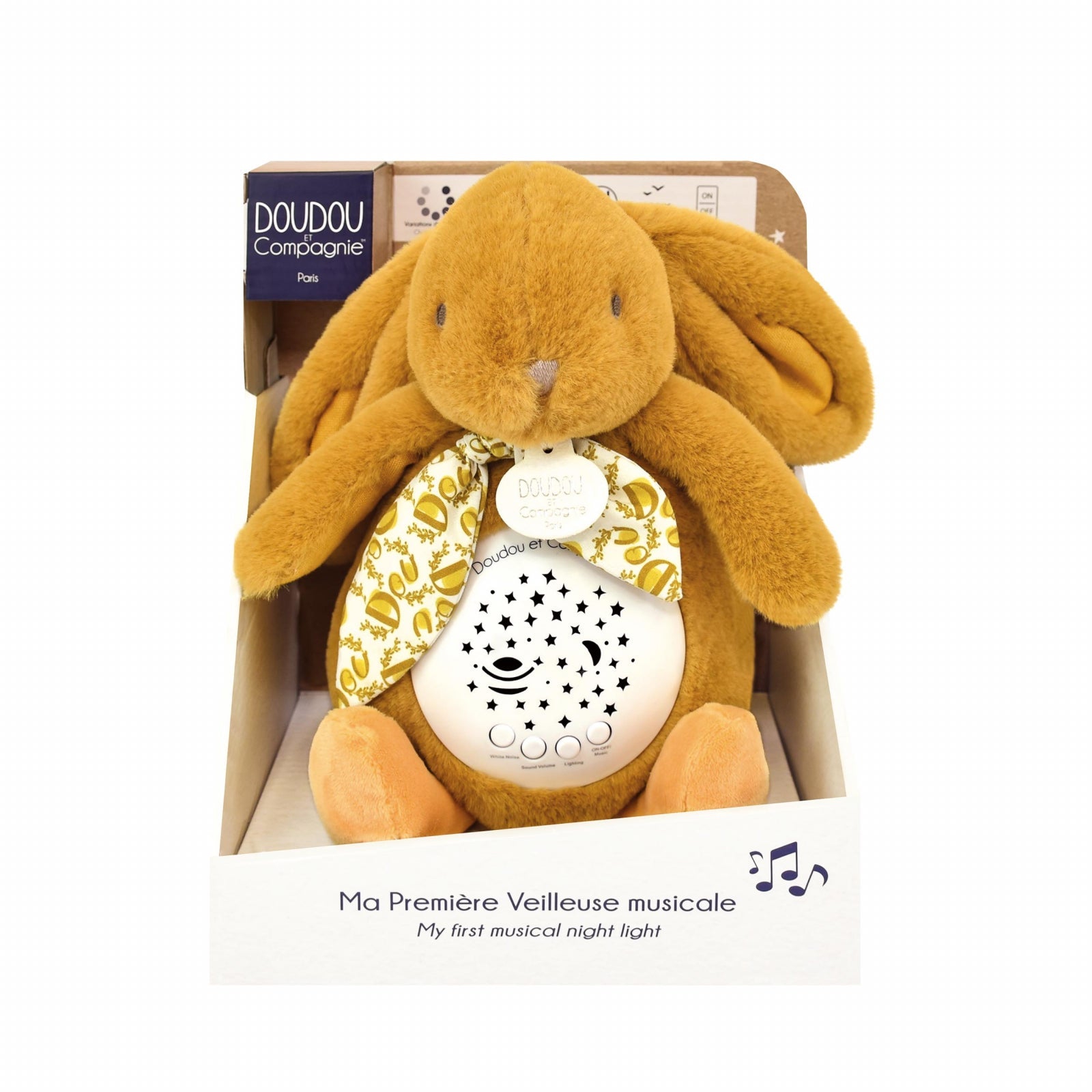 Veioza muzicala cu proiectie, iepuras pufos, 19 cm, bej - Doudou et Compagnie - Publisol.ro