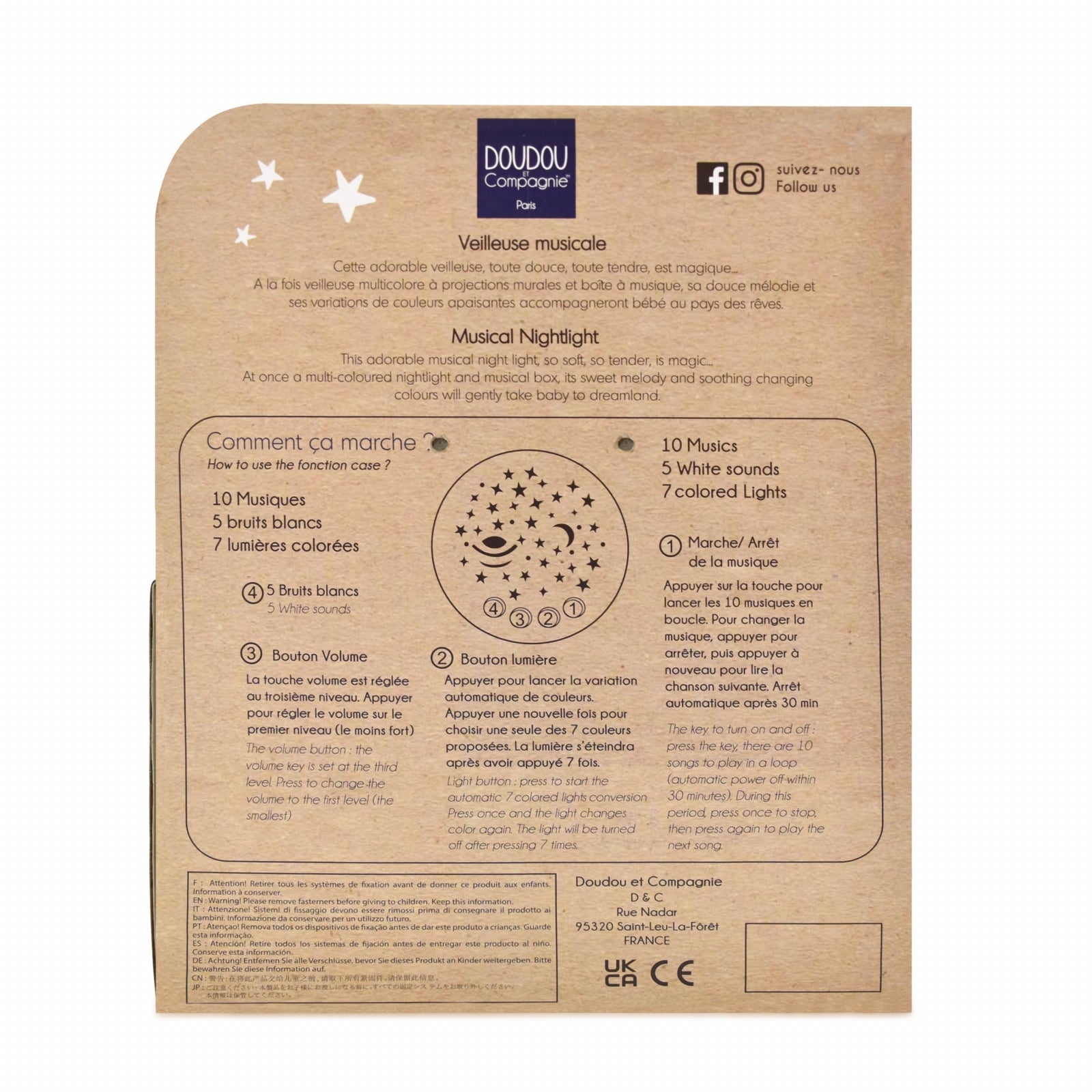 Veioza muzicala cu proiectie, iepuras pufos, 19 cm, bej - Doudou et Compagnie - Publisol.ro