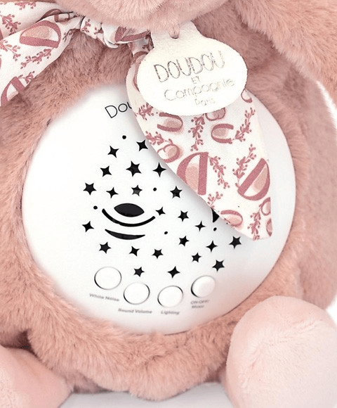 Veioza muzicala cu proiectie, iepuras pufos, 19 cm, roz - Doudou et Compagnie - Publisol.ro