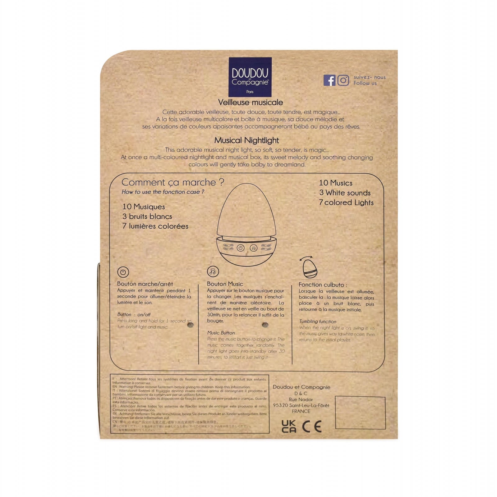 Veioza muzicala iepuras pufos, 16 cm, alb - Doudou et Compagnie - Publisol.ro