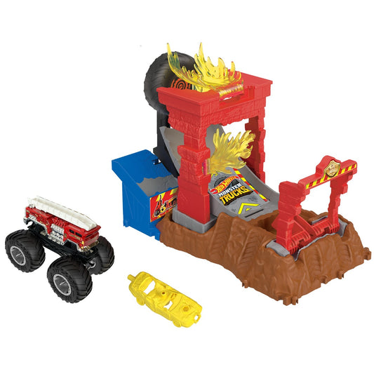 Hot Wheels monster trucks entry challenge arena smashers provocarea fire crash