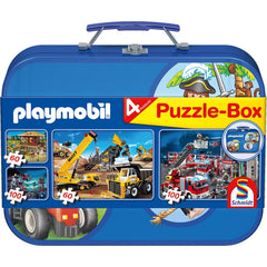 Puzzle Schmidt: Playmobil - Playmobil box, Set de 2 x 60 piese si 2 x 100 piese + Bonus: cufar metalic, Schmidt