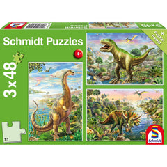 Puzzle Schmidt: Aventurile dinozaurilor, Set de 3 x 48 piese + Cadou: poster, Schmidt